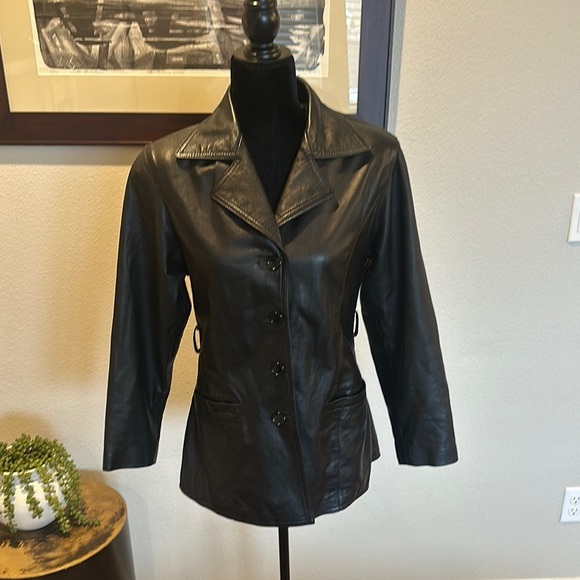 David 2 Florence Italian Women's Black Leather Jacket blazer fits like Small EUC - Picture 1 of 6